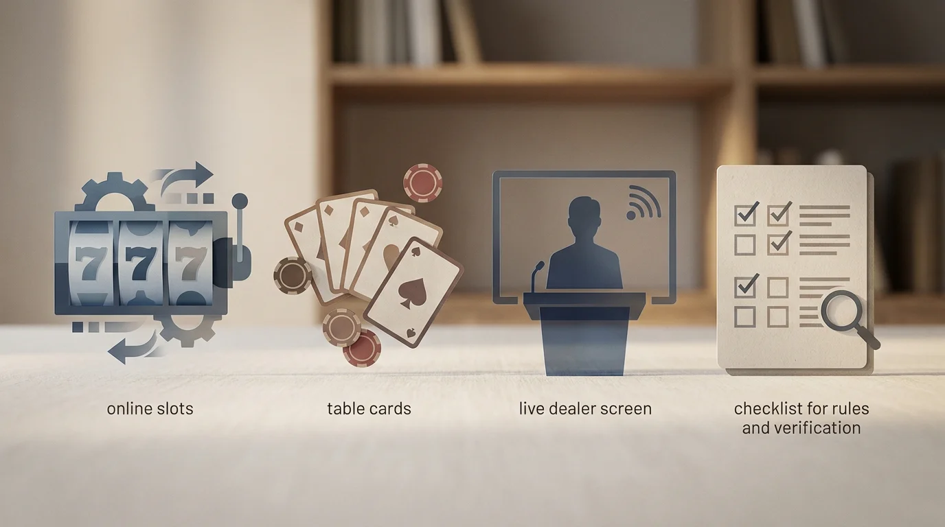 Neutral casino game categories with slots, cards, live dealer screen symbols and rules checklist
