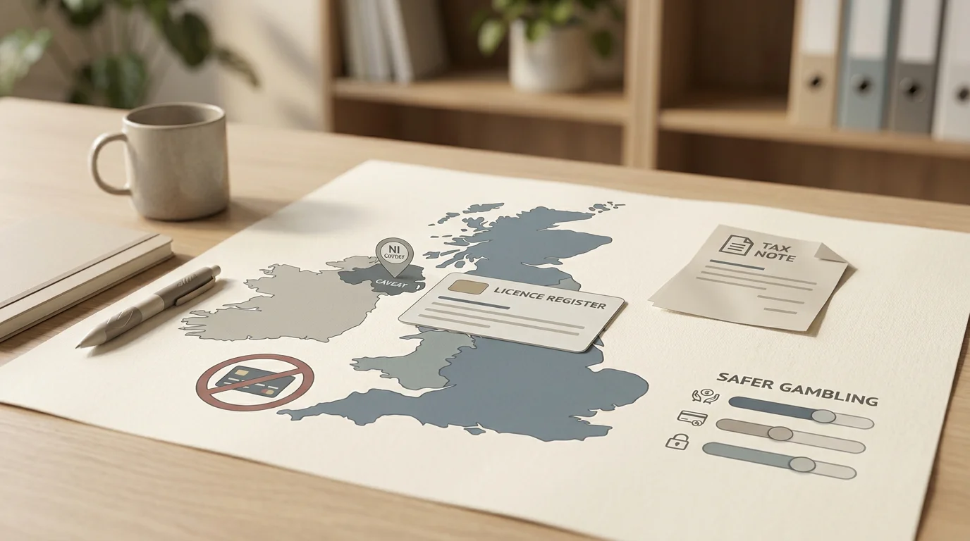 UK casino rules checklist with licence scope Northern Ireland caveat tax note credit card restriction and safer gambling controls