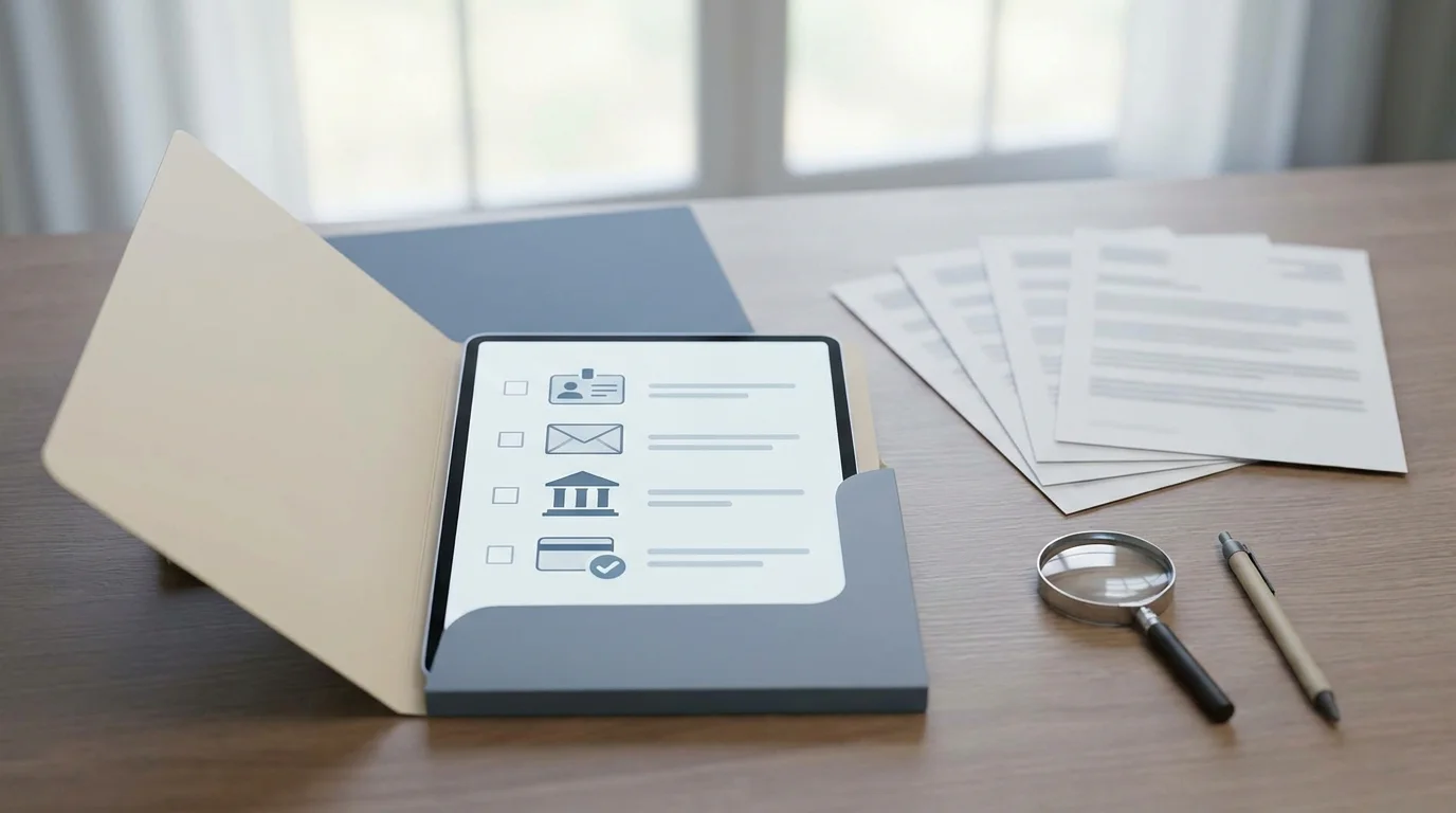 Verification checklist with identity address bank statement and payment card proof icons